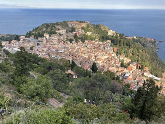 The city centre of Taormina seen from above, on the way to Chiesa Madonna della Rocca.