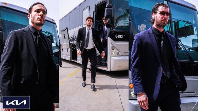 Photo collage featuring Matt Roy, Connor McMichael and Logan Thompson arriving to tonight's game.