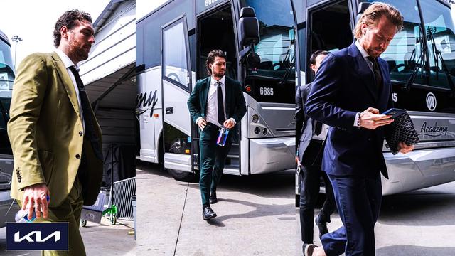 Photo collage featuring Pierre-Luc Dubois, Brandon Duhaime and Rasmus Sandin arriving to tonight's game.