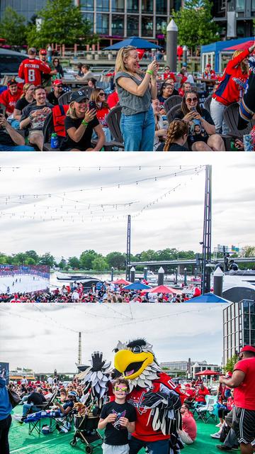A photo collage from today's Game 3 Watch Party at Transit Pier at The Wharf featuring Slapshot.