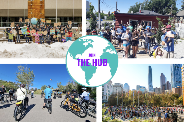 Images from fun and impactful year round Hub events, a globe in the middle reads "Join the Hub"