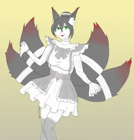 A illustration of a four-tailed foxgirl wearing a maid outfit.  The illustration has minimal coloring; her tails and hair are gray with red highlights, her eyes are green, and parts of the maid outfit have dotted shading on them.
