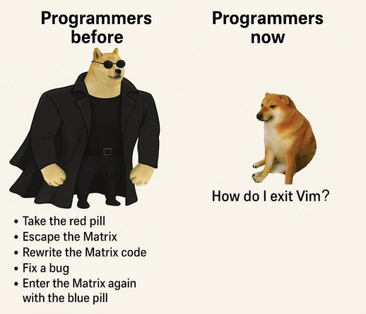 This is a two-panel meme talking about "Programmers before" and "Programmers now" for lulz.

On the left, side we have "Programmers before," a muscular  dog wearing sunglasses and a long black coat stands confidently like matrix character and below that image text is a bulleted list aw follows:

* Take the red pill
* Escape the Matrix
* Rewrite the Matrix code
* Fix a bug
* Enter the Matrix again with the blue pill

On the right, text reads "Programmers now," a smaller dog sits with a questioning expression. Below this image is the text that reads: "How do I exit Vim?"