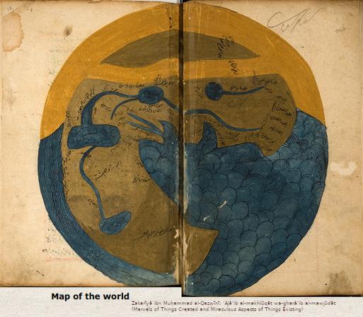 The world map from

Zakarīyā ibn Muḥammad al-Qazwīnī: ‘Ajā’ib al-makhlūqāt wa-gharā’ib al-mawjūdāt 
(Marvels of Things Created and Miraculous Aspects of Things Existing)


probably showing the middle east, howver in a stylized and symbolic way - not navigational.