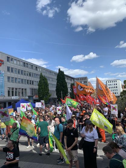 A large crowd participates in a vibrant outdoor demonstration, holding colorful flags and signs with various messages. The setting features modern buildings and a blue sky with scattered clouds. Participants are dressed in casual clothing, indicating a warm day.