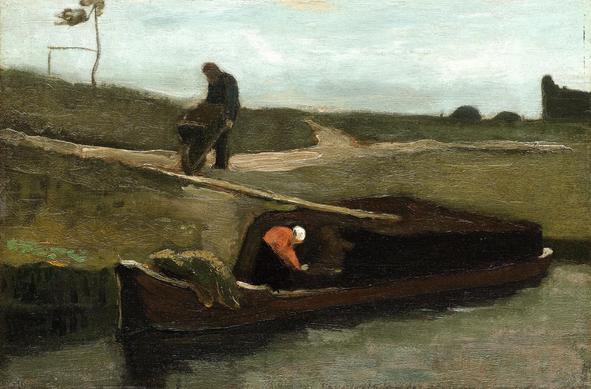 Painting by V. van Gogh.
"Van Gogh makes The Peat Barge quickly, with a broad brush and a palette knife. He does not wait for the paint to dry.

First he paints the cream-coloured underlay. Then the figures follow. Then the land with the peat heaps and the sod hut. Then the water and the flatboat, on which there is a folded sail to cover the peat. The sky comes last."