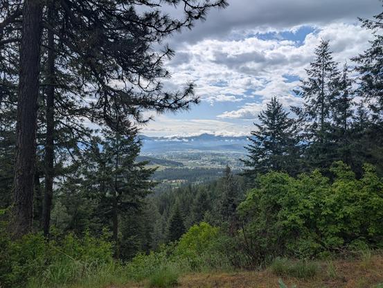 view just passed the Canfield Trail juncture at Antoine Peak where you're looking out over the valley where it looks best in Sun. but the sky is full of clouds from gray to White to shadowy bottoms. you can see spots of the sky and the deep blue horizon in the background.