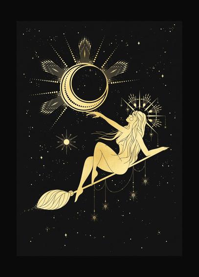 From the art studio Cocorrina, a witch on a broom touches a crescent moon, giving her enlightenment from the halo of sigils coming off her head; everything is in a gradient of gold.