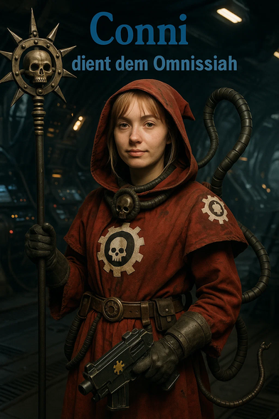 **TL;DR:** A realistic reimagining of "Conni dient dem Omnissiah" shows Conni as a Warhammer 40k tech-priest in a dark sci-fi setting.

**Text in Image:**
*Conni dient dem Omnissiah*

**Description:**
This is a photorealistic parody image depicting a young woman dressed as Conni from the children’s book series, now portrayed as a tech-priest from Warhammer 40k. She wears a dark red robe with a hood and cog-skull emblems, black gloves, and mechanical tubing. In her right hand, she holds a futuristic black weapon with a gold symbol, and in her left, a staff topped with a metal skull and spiked halo. The background shows a dimly lit, high-tech, industrial spaceship interior. The atmosphere is serious and sci-fi, contrasting with the usual cheerful tone of the original Conni series.
