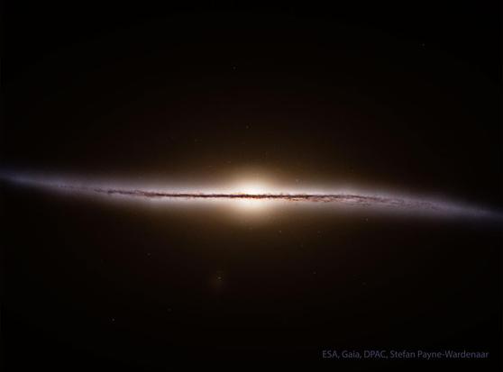 A dark field of space surrounds a thin but colorful band horizontally across the center. The band is nearly straight but curves at its outer edges.