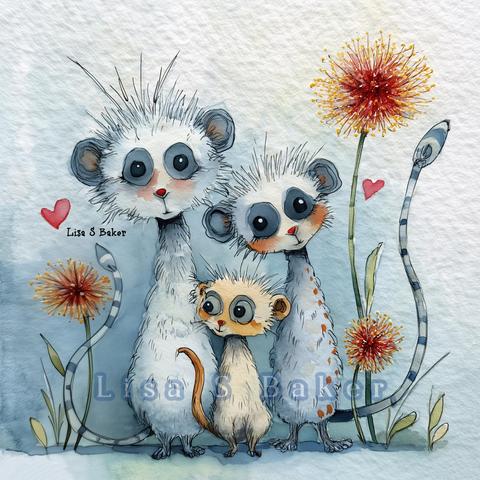 This heartwarming illustration features three whimsical meerkats with fluffy fur, oversized eyes, and delightfully endearing expressions. Surrounded by cheerful blooms and floating red hearts, the scene radiates love, connection, and a playful sense of family. Rendered in soft textures and dreamy colors, this charming artwork adds a touch of storybook magic to any space. Art by Lisa S Baker.
