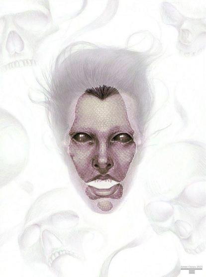 The face of a scaled man with long hair and black eyes emerging up through murky white water. Behind and around him floats ghostly looking skulls deeper in the white water.