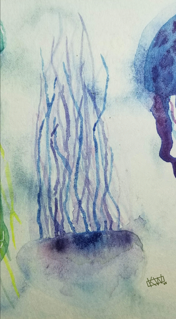 Watercolor jelly swimming down into deeper water. The jelly's bell is clear, allowing you to to see the purple & blue insides. The jelly's long thin tentacles are also purple & blue.