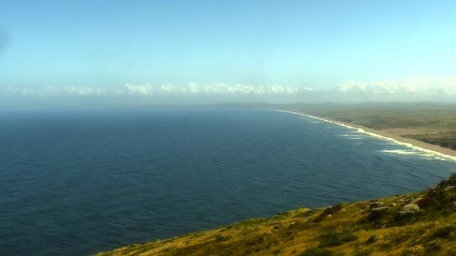 A view of Point Reyes Beach in Point Reyes National Seashore today. The deep-blue colors of the Pacific Ocean fill the scene. A white line of waves meet the shore on the right. In the foreground, yellow blooms highlight the greens and browns of the slopes behind the visitor center. A line of clouds appears in the distance, separating land and water from the blue sky above.