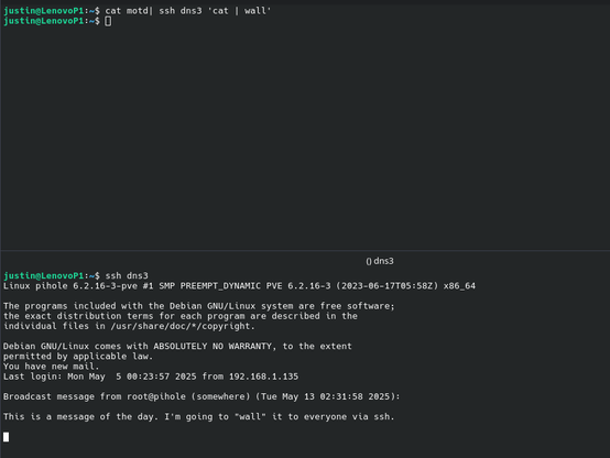 Two terminal windows showing the command in the toot being executed on terminal 1, and be produced as a wall message on terminal 2. (The remote host)