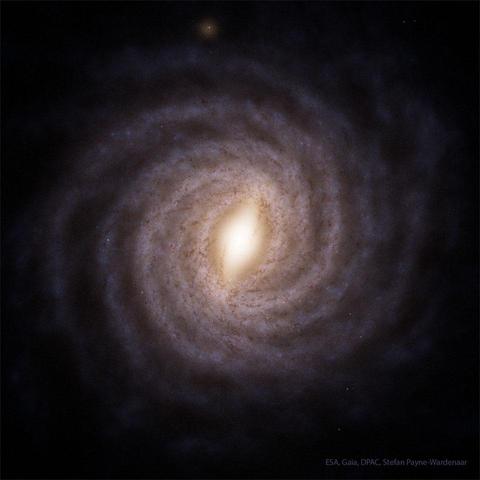 A dark field surrounds a spiral galaxy with multiple arms.