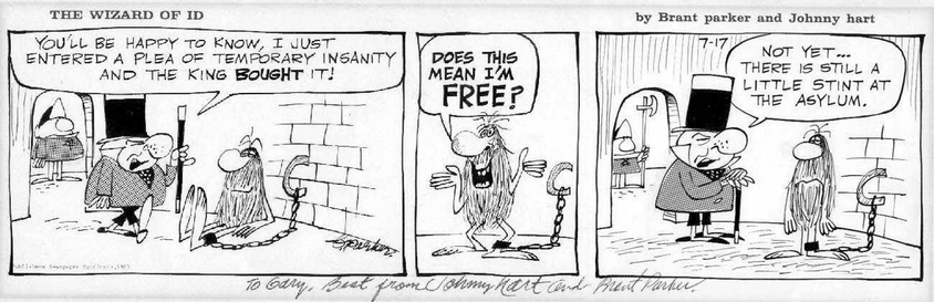 A wizard of id comic strip with a wc fields clone lawyer in medieval dungeon