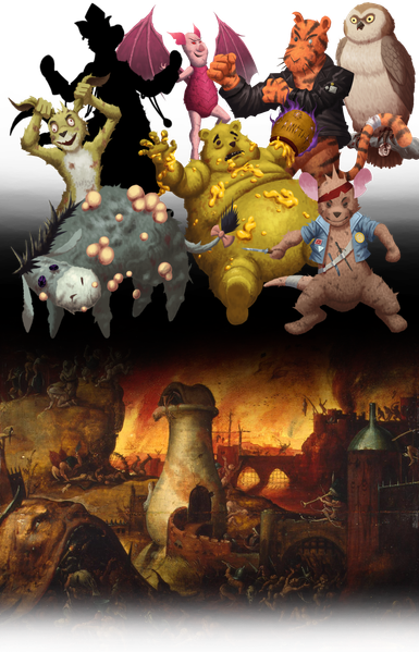 A tall image. At the bottom is a classical artwork of Hell separated by a band of darkness, and above it is a demonic Piglet, very large and upset Winnie the Pooh, and Rabbit with bloodshot eyes and holding his ears. In the upper right corner Owl stars malevolently, perched on a branch with a humanoid's ear in his talons. Between them is Tigger with his fists up, one eye blinded, and a tough leather jacket. On the bottom right is Roo wearing a ripped bandana, denim jack with pins, and a bandolier with knives, one blade in his hand. Eeyore is covered in huge boils and his eyes are purple shot through with veins of magenta. One other character is hidden by a black silhouette.