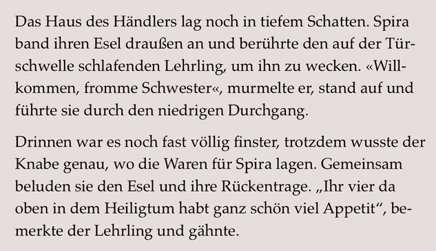 Textauszug aus einem Buch: Das Haus des Händlers lag noch in tiefem Schatten. Spira band ihren Esel draußen an und berührte den auf der Türschwelle schlafenden Lehrling, um ihn zu wecken. «Willkommen, fromme Schwester«, murmelte er, stand auf und führte sie durch den niedrigen Durchgang. Drinnen war es noch fast völlig finster, trotzdem wusste der Knabe genau, wo die Waren für Spira lagen. Gemeinsam beluden sie den Esel und ihre Rückentrage. „Ihr vier da oben in dem Heiligtum habt ganz schön viel Appetit“, bemerkte der Lehrling und gähnte.
