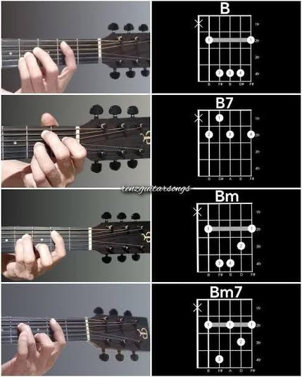 The image is a collage consisting of four rows, each depicting a different guitar chord. On the left side of each row, there is a photograph of a hand playing the chord on a guitar. On the right side, there is a corresponding chord diagram illustrating the finger positions. The chords shown are B, B7, Bm, and Bm7, each represented by a visual guide and a photograph of the chord being played. The chord diagrams include fret numbers and indicate where to place fingers to form each chord. The overall theme of the image is educational, aimed at guitar learners.
