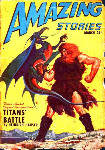 A viking-looking giant, with red hair and beard, towering over buildings and trees and wearing furs, is punching a dragon in its belly,
Amazing Stories magazine cover from 1947.