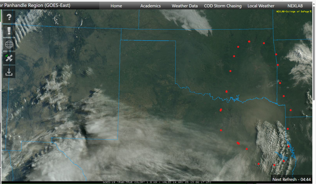 Sunrise weather satellite view that shows the location of the dust storm as it moves east. I have encircled the densest part in red dots.