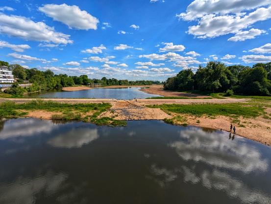 The image captures an aerial view of a serene landscape. A wide river dominates the scene, reflecting the sky and clouds like a mirror. The water's surface is mostly smooth, with slight ripples. The banks of the river are sandy, with a few people visible walking along the edge. Green grass and trees border the sandy areas, adding a touch of nature's beauty to the scene. The sky is bright blue, dotted with fluffy white clouds, completing the picturesque view.
