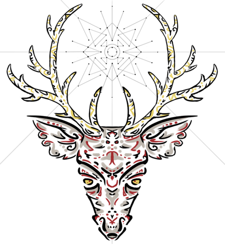 Drawing of a symmetric deer head, front side. It is created with thick black lines, partially filled with spiral, dot and line patterns. Spots in head are gray and red, patterns in antlers are yellow. There is a kind of magic circle above the head, made of squares and triangles, drawn with thin gray lines.