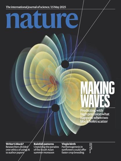 A cover of the Nature journal, dated 15 May 2025, featuring a representation of two massive objects such as black holes or neutron stars flying past each other,  resulting in changes their trajectories and gravitational waves emission. Title reads "Making waves".

Credit image: Mathias Driesse/Humboldt University Berlin.