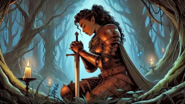 D&D artwork featuring a lone female paladin praying with her sword in a forest grove at night.