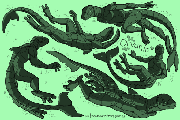 Sketch page featuring multiple sketches of Orvar.io, an orca-like synth, in multiple poses and angles. The sketches are loosely shaded and toned in green.