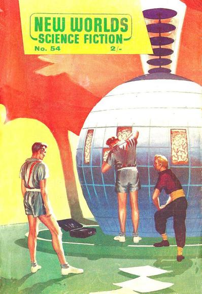 Three figures in casual/sports-looking clothes are standing outside a spherical tiled structure with windows through which a crenellated form like a brain can be seen. One of the figures is looking at it and touching it, the others watching. A toolbox is on the ground nearby.
New Worlds magazine cover from 1956.