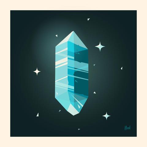 Illustration of a sparkly natural crystal in blues on a black background with an off-white border.