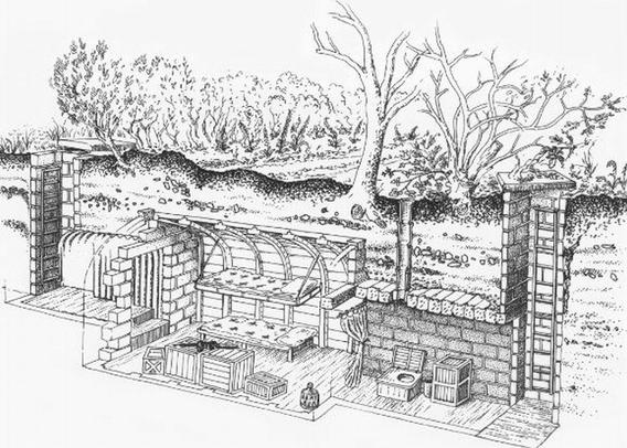 A white and black cutawat sketch showing a subterranean bunker