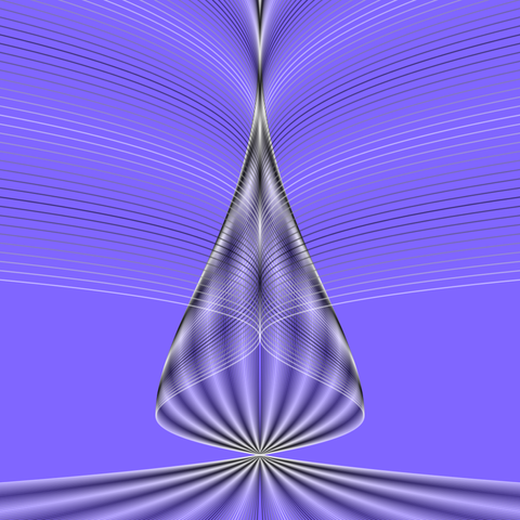 Just 161 individual cubic polynomials were drawn here. Abstract artwork in white, black and blue colours, with vertical symmetry, subtle 3-d effect. Ten curved stripes come to a single point from above and below.