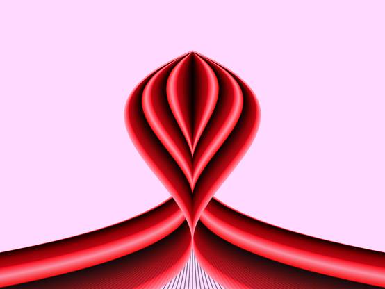 Here 1024 individual cubic polynomials were drawn. Artwork resembling something organic, for example a flower, in shades of red. There is a clear 3-d effect, achieved by progressively varying the shades of the polynomials.