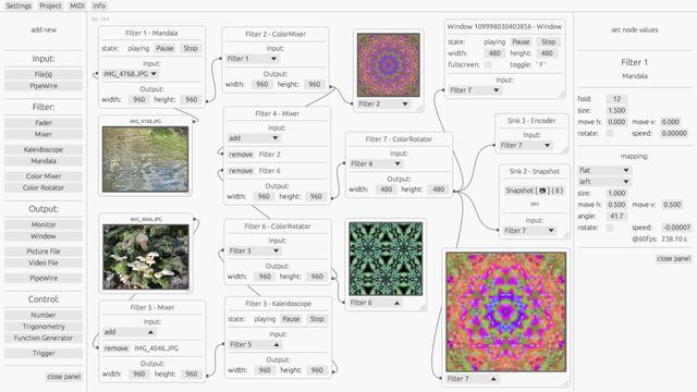 Screenshot of a video mixer app in light mode. A lot of sources, filter and sink nodes are connected.