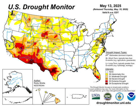 US Drought Monitor showing conditions for 5-15-25.