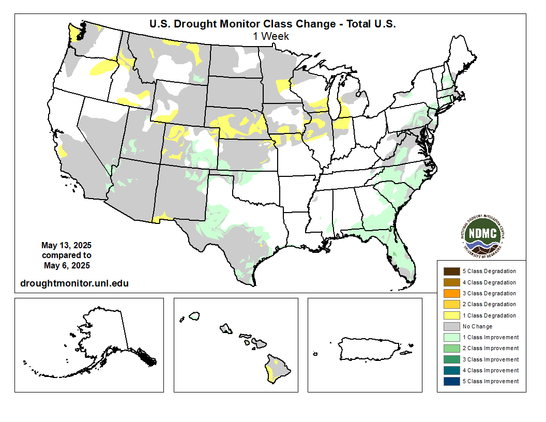 US Drought Monitor class change map comparing conditions from May 13 to May 6.
