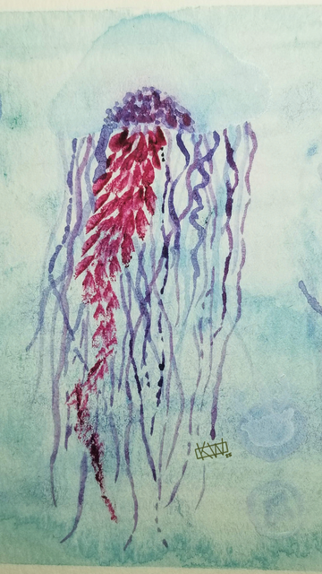 Watercolor sea jelly with clear & purple bell, pink oral arms, & purple tentacles. It & several little moon jellies are having a great day!
