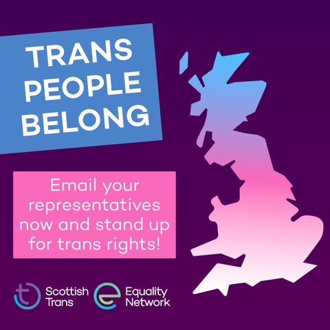 Image of the UK in the trans colours. The text says: Trans people belong. Email your representatives and stand up to trans rights!