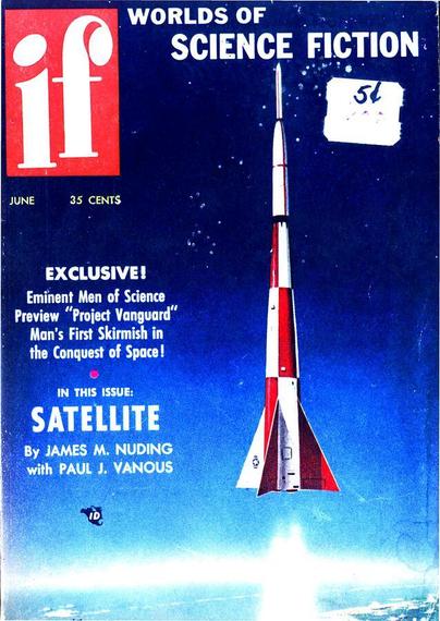 A tall narrow rocket ship painted in red and white contrasting rectangles is flying up through a blue sky toward space.
Worlds of IF magazine cover from 1956.