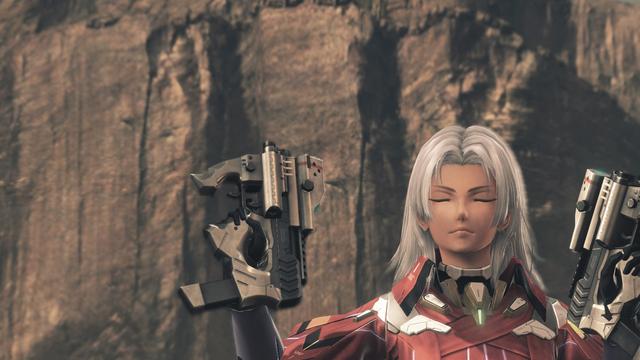 Elma from Xenoblade holding up dual guns in Oblivia