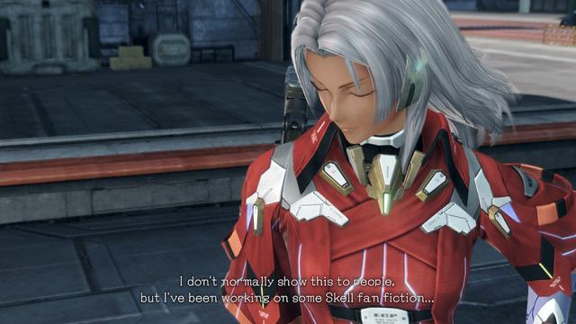 Elma closing her eyes in disbelief
Lin: "I don't normally show this to people but I've been working on some Skell fan fiction..."