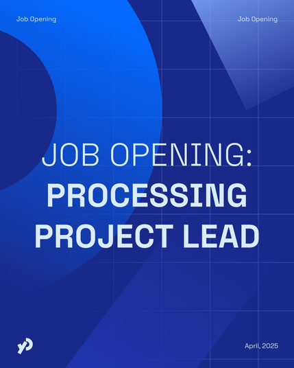 The text: "Job Opening: Processing Project Lead" is written over a blue background with geometric shapes reminding of the Processing logo.