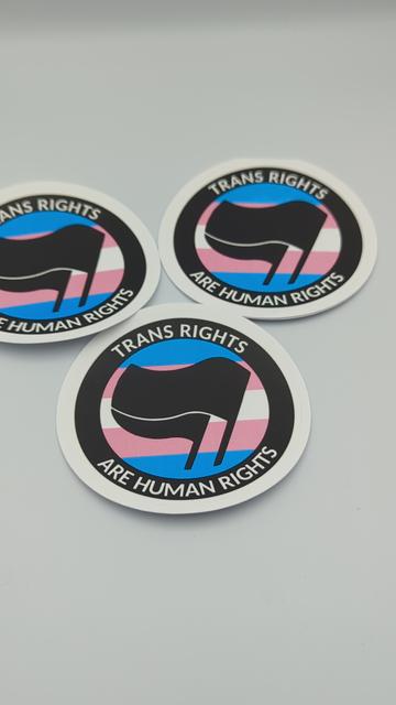 A photo of three 3 inch round stickers against a white backdrop. The design is a black ring with the words "trans rights are human rights" in sanserif capitals. In the centre of the ring is a double black flag, and a trans pride flags blue, pink and white bars fill the background.