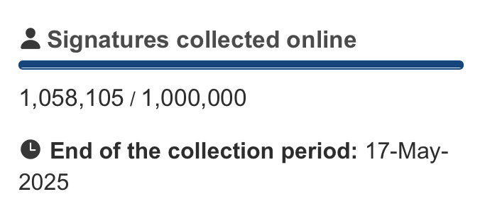 Screenshot (detail) from the European Citizen’s Initiative page to ban conversion practices showing 1,058,105 votes out of the 1,000,000 needed with one day to go (last day, May 17, 2025).