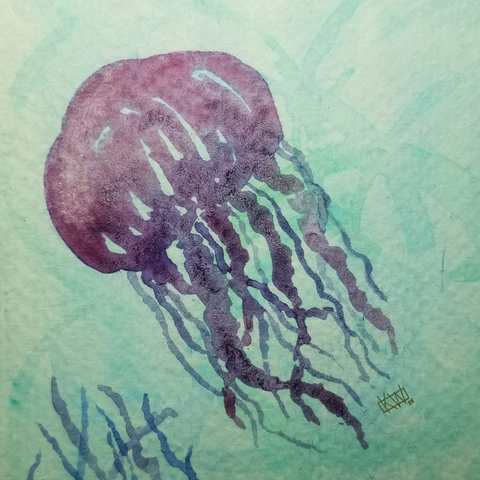 Watercolor pink-purple sea jelly swims happily through the water.