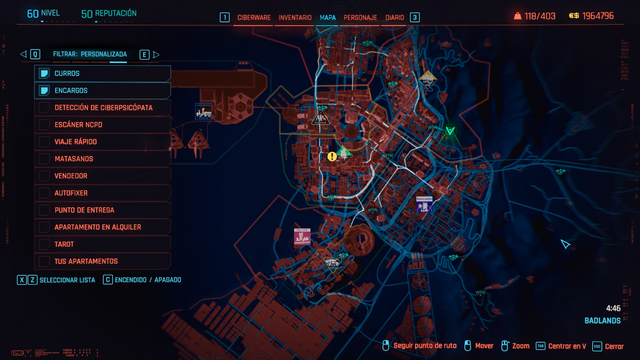 Mapa de Night City del juego Cyberpunk 2077 donde se ve que la unica mision disponible es la que desenlaza el final del juego.