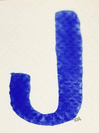Watercolor upper case letter J in a lovely blue jay shade of blue.